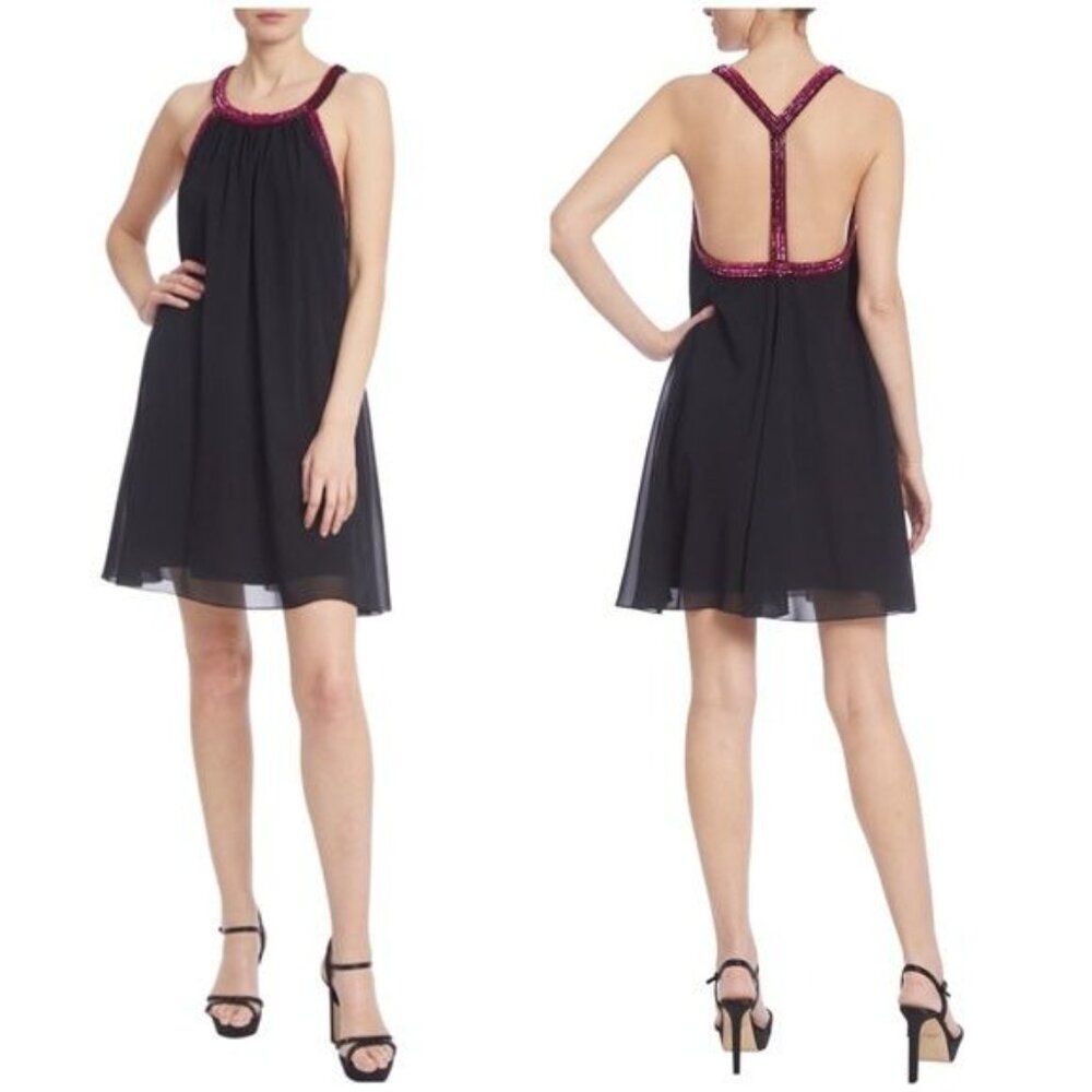 New Jewel Badgley Mischka Trapeze Dress with Beaded Trim in Black Size 8